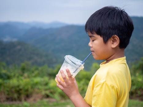 boy sucking a drink from a glass with a valley background photo