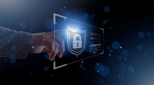 cyber security internet and networking concept. Businessman hand working with VR screen padlock icon on computer background photo