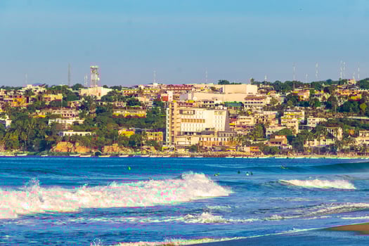 Extremely huge big surfer waves at beach Puerto Escondido Mexico. photo