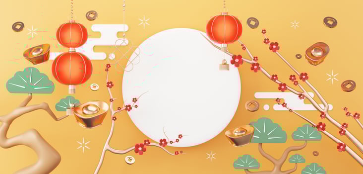 Happy Chinese new year 2023 with the year of Rabbit background. Top view White blank circle frame for showing product. Lunar new year with Chinese texture, gold, coins, and zodiac sign. 3D render. photo