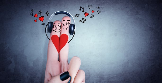Happy finger couple in love with headphone. 3d illustration. photo