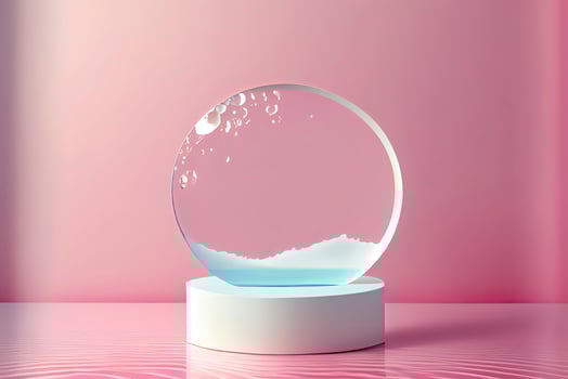 Empty white circle podium on transparent clear pink calm water texture with splashes photo
