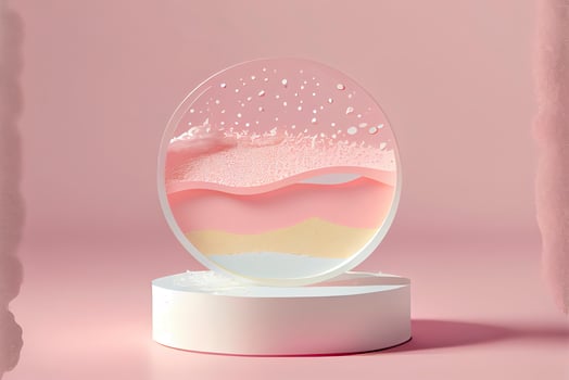 Empty white circle podium on transparent clear pink calm water texture with splashes photo