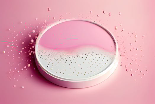Empty white circle podium on transparent clear pink calm water texture with splashes photo