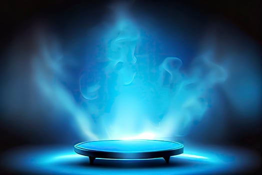 Illuminated stage and blue smoke. Night lightning in fog. Searchlight beams photo