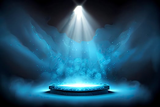 Illuminated stage and blue smoke. Night lightning in fog. Searchlight beams photo