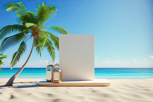 Summer tropical background, Podium on sand beach on sea background photo