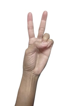 Hand with victory sign isolated on white background, clipping path included. photo