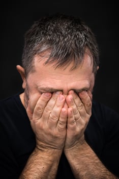 Despair. Man with face closed by hand photo