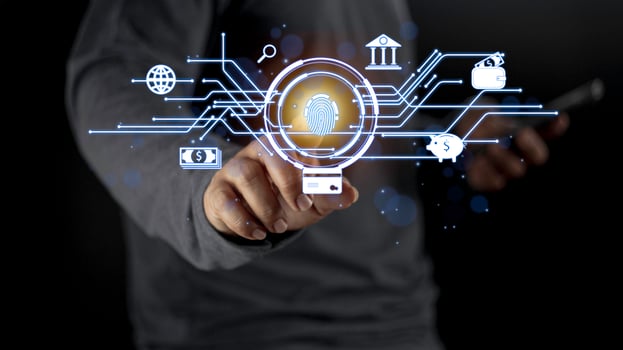 Businessman holding light icon social security network connection with shield guard to protected from cyber attacks. Network security system concept photo