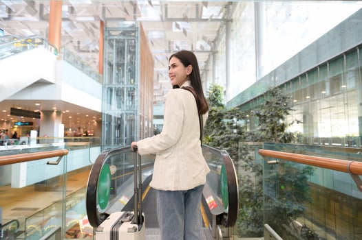 A young woman  with suitcase , check in at International airport , vacation travel and transportation concept photo