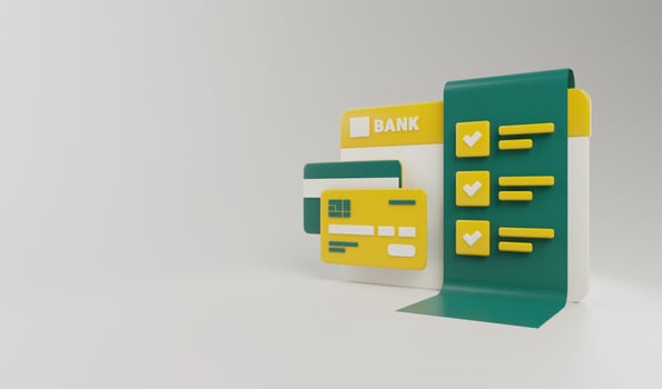 3d render Bank account book with credit debit card and transaction check, payment Internet banking concept illustration photo
