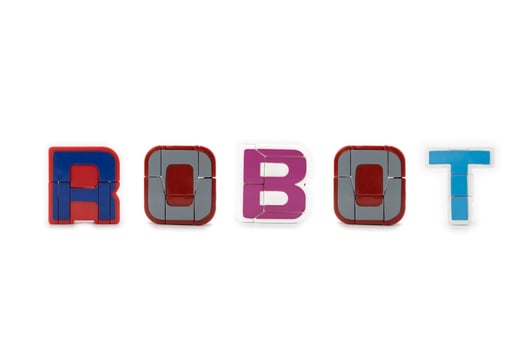 R Alphabet vCapital Letters model figure in ROBOT spelling, stand on white background.intage toy, the robotic transformation model is stood and isolated in studio light. photo