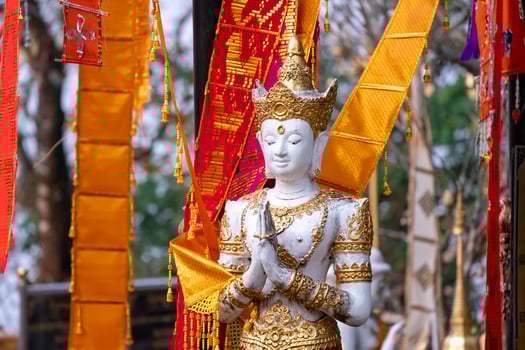 Asia Angel Statue in front of Tung Tree, Traditional Believe of the Victory and Brightness in that area, Wat Phra That Doi Tung, Famous Place in North of Thailand. photo