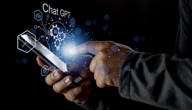 Businessman holding light icon GPT intelligence Ai.Chat GPT Chat with AI Artificial Intelligence, chat generate. Futuristic technology, robot in online system. photo