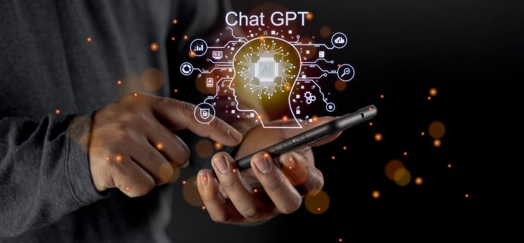 Businessman holding light icon GPT intelligence Ai.Chat GPT Chat with AI Artificial Intelligence, chat generate. Futuristic technology, robot in online system. photo