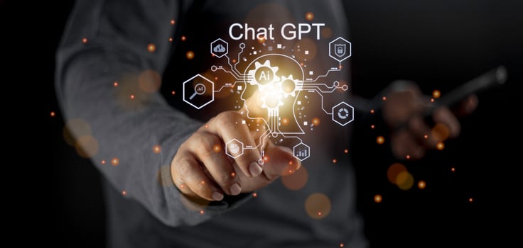 Businessman holding light icon GPT intelligence Ai.Chat GPT Chat with AI Artificial Intelligence, chat generate. Futuristic technology, robot in online system. photo