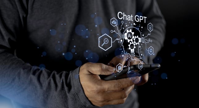 Businessman holding light icon GPT intelligence Ai.Chat GPT Chat with AI Artificial Intelligence, chat generate. Futuristic technology, robot in online system. photo