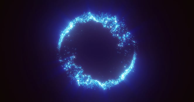 Abstract glowing looped circle made of blue lines of magical energy particles. Abstract background photo