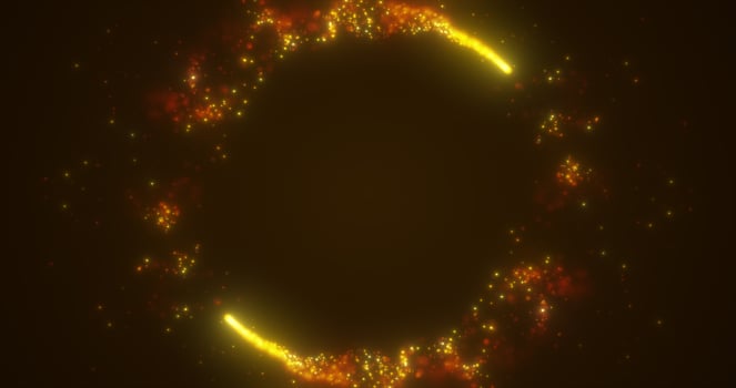Abstract yellow gold energy lines and cyclic circles with magic bokeh from particles, abstract background photo