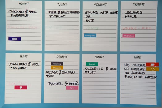 Weekly schedule for healthy life, with meals, exercises and notes photo