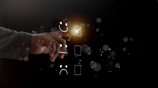 Businessman pressing smiley face emoticon on virtual touch screen. User give rating to service experience on online application for Customer review satisfaction feedback survey concept. photo