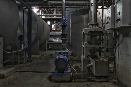 Steel pipes, tubes, steam turbine, valves, machinery, cables of modern factory. Gas boiler room of industrial zone power plant. Pump engineering station. Technical equipment system. Energy concept. photo
