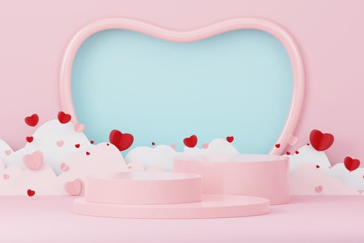 Happy Valentines Day. Minimal sweet love scene with display podium for mock up and product brand presentation. Pink Pedestal stand. Cute lovely heart background. Love day's design style. 3D render. photo