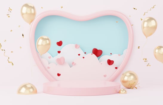 Happy Valentines Day. Minimal sweet love scene with display podium for mock up and product brand presentation. Pink Pedestal stand. Cute lovely heart background. Love day's design style. 3D render. photo