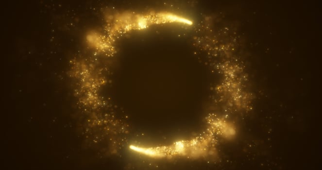Abstract yellow gold energy lines and cyclic circles with magic bokeh from particles, abstract background photo