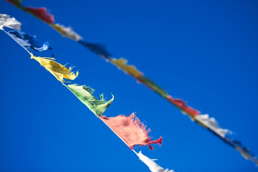 Diagonal hanging vibrant colorful Tibetan Buddhist prayer flags photo