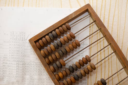 Old wooden abacus on the background of charts. photo