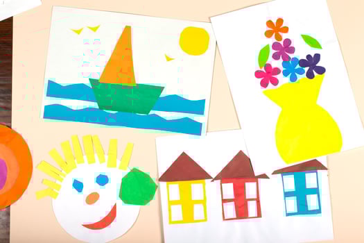 A collage of children's paper crafts. Application of children's creativity. Kindergarten and craft school. photo