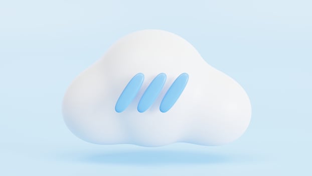 Rain symbol and white cloud isolated on blue background, weather forecast symbol. 3d rendering. photo