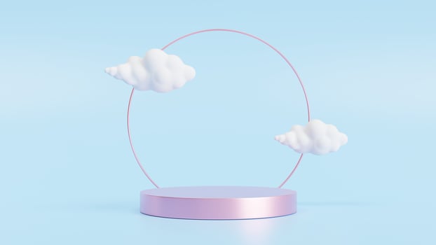 3d rendering on blue background with purple pedestal and isolated minimal cloud scene. photo