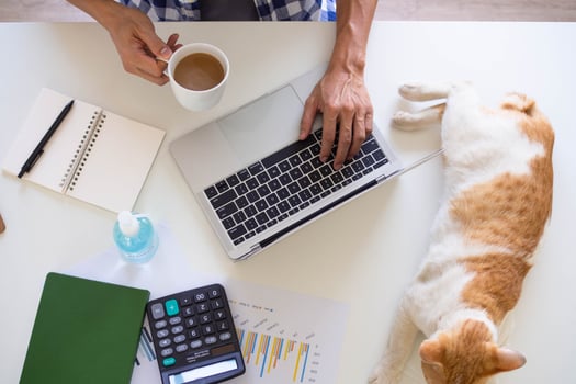 A man working or study online in the living room on the sofa. due to the spread of the virus Covid-19. Stay home, stop the spread the virus. stay safe, working from home and Social distance. photo
