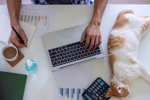 A man working or study online in the living room on the sofa. due to the spread of the virus Covid-19. Stay home, stop the spread the virus. stay safe, working from home and Social distance. photo