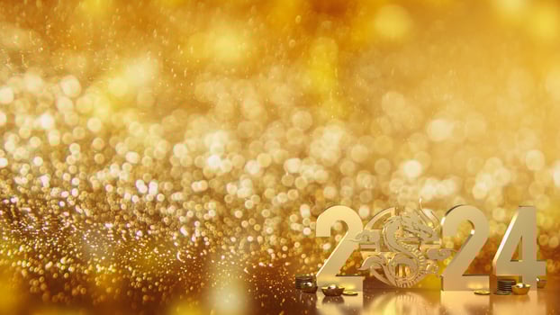 The gold Chinese money and dragon zodiac for 2024 year 3d rendering photo