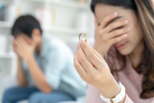 Divorce. Woman remove married ring. Couples desperate and disappointed after marriage. Husband wife sad, upset and frustrated after quarrels conflict. distrust, love problems, betrayals, family, lover photo