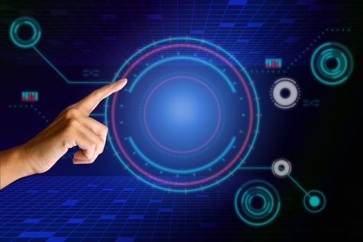 Finger touch on hi-tech circle with a rectangular shapes on a blue and red abstract background.  Futuristic communication and connection concept. cyberspace, and digital innovation photo