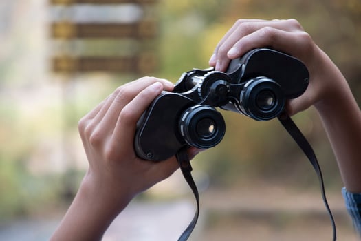 Hands holding binoculars, blurred natural background, concept for vacation, observation, trekking, camping, hiking and birdwatching. photo