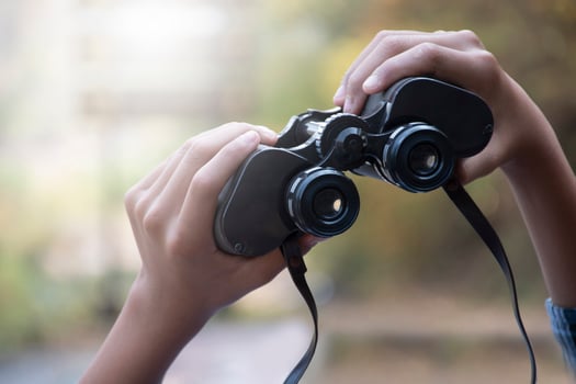 Hands holding binoculars, blurred natural background, concept for vacation, observation, trekking, camping, hiking and birdwatching. photo