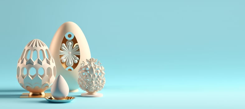 3D Render Illustration of Happy Easter Background with Eggs , Flowers, And Copy Space photo
