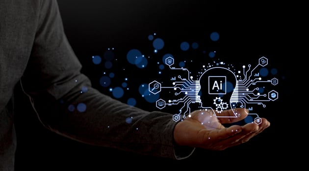 Businessman touching digital chatbot for provide access to information and data in online network, application and global connection, AI, Artificial intelligence, innovation and technology. photo