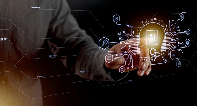 Businessman touching digital chatbot for provide access to information and data in online network, application and global connection, AI, Artificial intelligence, innovation and technology. photo