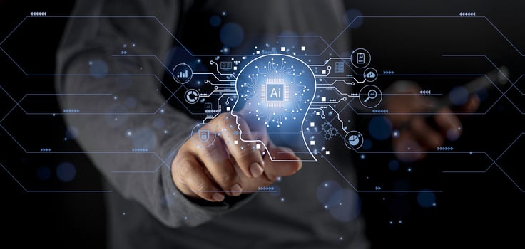 Businessman touching digital chatbot for provide access to information and data in online network, application and global connection, AI, Artificial intelligence, innovation and technology. photo