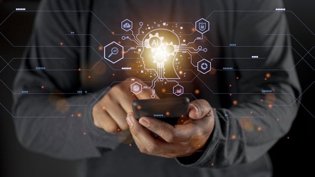 Businessman touching digital chatbot for provide access to information and data in online network, application and global connection, AI, Artificial intelligence, innovation and technology. photo