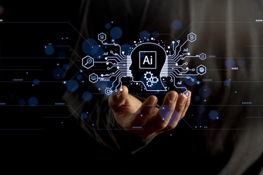 Businessman touching digital chatbot for provide access to information and data in online network, application and global connection, AI, Artificial intelligence, innovation and technology. photo