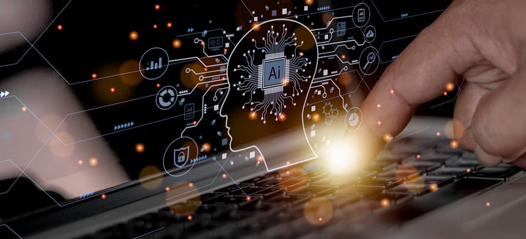 Businessman touching digital chatbot for provide access to information and data in online network, application and global connection, AI, Artificial intelligence, innovation and technology. photo