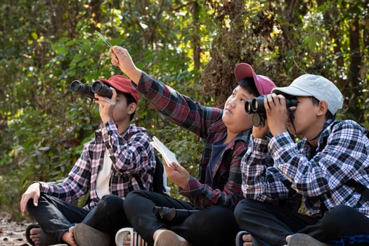 Asian boys using binoculars to watch birds on trees and fish in river in local national park during summer camp, idea for learning creatures and wildlife animals and insects outside the classroom. photo